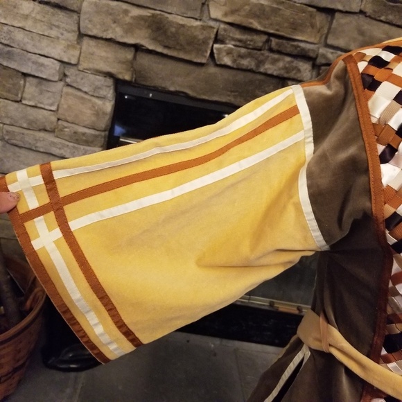 Vintage Velvet Woven Ribbon Patchwork Jacket Tie Sash Mustard Yellow Brown Cream - Picture 4 of 7